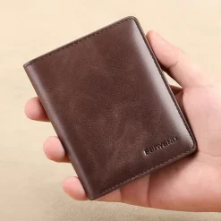 Men's Brown RFID Blocking Leather Bifold Wallet with ID Window and Multiple Card Slots, Slim Anti-Theft Wallet for Business, Travel and Everyday Use