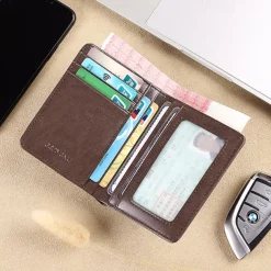 Men's Brown RFID Blocking Leather Bifold Wallet with ID Window and Multiple Card Slots, Slim Anti-Theft Wallet for Business, Travel and Everyday Use