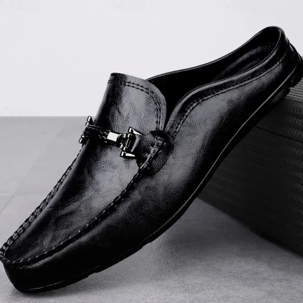 Men's Brown Slip-on Loafers with Metallic Buckle, Casual Faux Leather Shoes for Everyday Wear