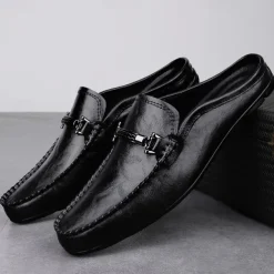 Men's Brown Slip-on Loafers with Metallic Buckle, Casual Faux Leather Shoes for Everyday Wear