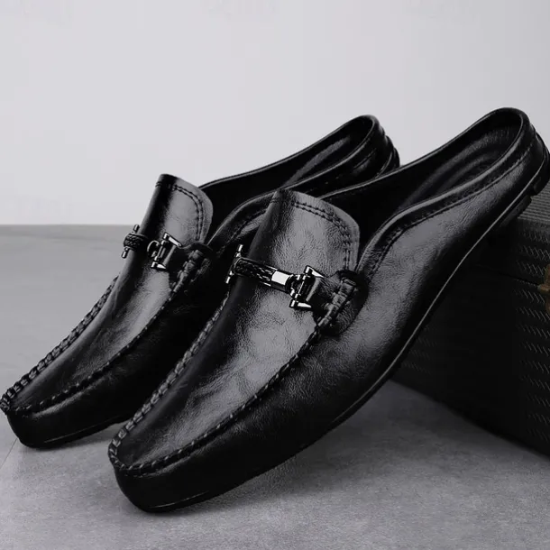 Men's Brown Slip-on Loafers with Metallic Buckle, Casual Faux Leather Shoes for Everyday Wear
