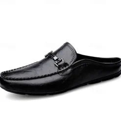 Men's Brown Slip-on Loafers with Metallic Buckle, Casual Faux Leather Shoes for Everyday Wear