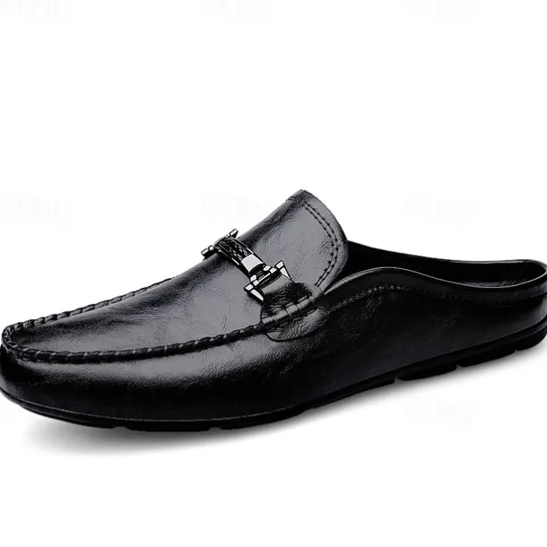 Men's Brown Slip-on Loafers with Metallic Buckle, Casual Faux Leather Shoes for Everyday Wear