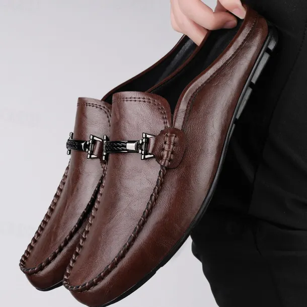 Men's Brown Slip-on Loafers with Metallic Buckle, Casual Faux Leather Shoes for Everyday Wear