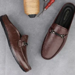 Men's Brown Slip-on Loafers with Metallic Buckle, Casual Faux Leather Shoes for Everyday Wear