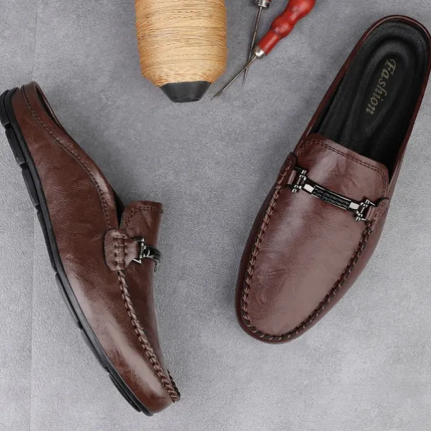 Men's Brown Slip-on Loafers with Metallic Buckle, Casual Faux Leather Shoes for Everyday Wear