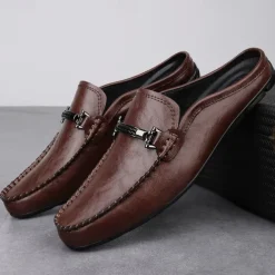 Men's Brown Slip-on Loafers with Metallic Buckle, Casual Faux Leather Shoes for Everyday Wear