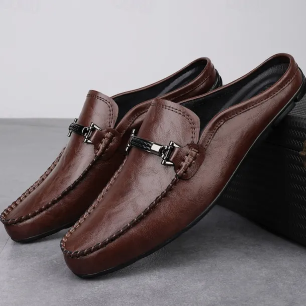 Men's Brown Slip-on Loafers with Metallic Buckle, Casual Faux Leather Shoes for Everyday Wear