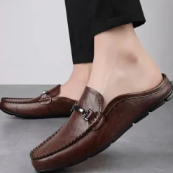Men's Brown Slip-on Loafers with Metallic Buckle, Casual Faux Leather Shoes for Everyday Wear