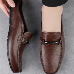 Men's Brown Slip-on Loafers with Metallic Buckle, Casual Faux Leather Shoes for Everyday Wear