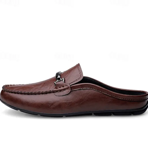 Men's Brown Slip-on Loafers with Metallic Buckle, Casual Faux Leather Shoes for Everyday Wear