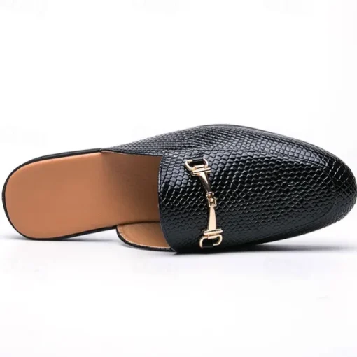 Men's Brown Snake Pattern Loafers – Slip-On Faux Leather Mules with Metal Buckle for Casual and Formal Wear