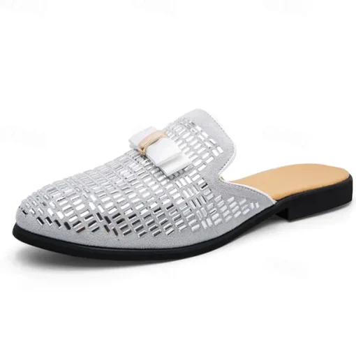 Men's Brown Suede Slip-On Mules with Metallic Gold Studded Design and Bow Accent – Stylish Casual Loafers for Everyday Wear and Special Occasions
