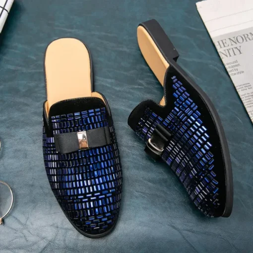 Men's Brown Suede Slip-On Mules with Metallic Gold Studded Design and Bow Accent – Stylish Casual Loafers for Everyday Wear and Special Occasions