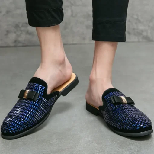 Men's Brown Suede Slip-On Mules with Metallic Gold Studded Design and Bow Accent – Stylish Casual Loafers for Everyday Wear and Special Occasions