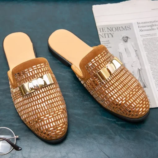 Men's Brown Suede Slip-On Mules with Metallic Gold Studded Design and Bow Accent – Stylish Casual Loafers for Everyday Wear and Special Occasions