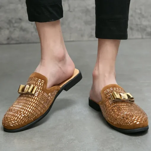 Men's Brown Suede Slip-On Mules with Metallic Gold Studded Design and Bow Accent – Stylish Casual Loafers for Everyday Wear and Special Occasions