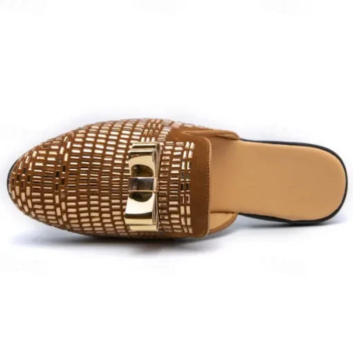 Men's Brown Suede Slip-On Mules with Metallic Gold Studded Design and Bow Accent – Stylish Casual Loafers for Everyday Wear and Special Occasions
