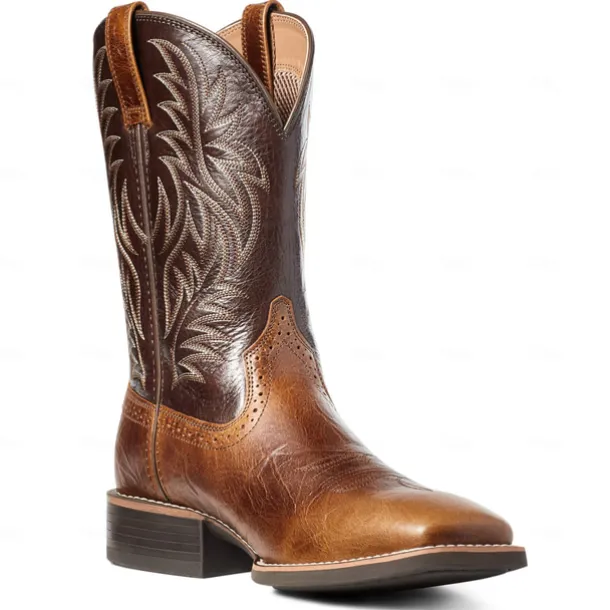 Men's Brown Western Cowboy Boots with Embroidered Shaft, Durable Faux Leather for Ranch and Casual Wear