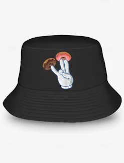 Men's Bucket Hat with Donut Peace Sign Graphic - Trendy Casual Sun Hat for Summer Outfits and Streetwear