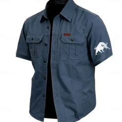Men's Bull Work Shirt Western Shirt Cargo Shirt Short Sleeve Casual Tactical Sports Outdoor WorkWear Summer Spring Turndown Front Two Pockets Cotton Button Up Shirts Army Green Khaki Dark Blue Beige