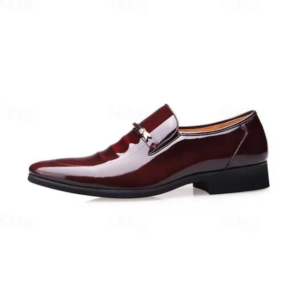 Men's Burgundy Patent Faux Leather Loafers – Elegant Slip-On Dress Shoes with Metal Accent for Formal Events and Office Wear