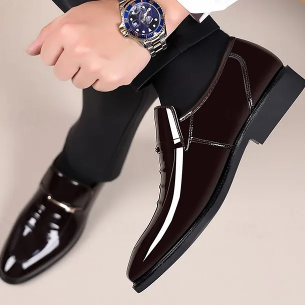 Men's Burgundy Patent Faux Leather Loafers – Elegant Slip-On Dress Shoes with Metal Accent for Formal Events and Office Wear