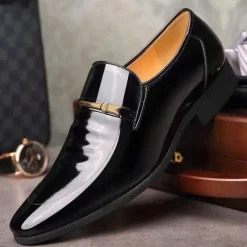 Men's Burgundy Patent Faux Leather Loafers – Elegant Slip-On Dress Shoes with Metal Accent for Formal Events and Office Wear