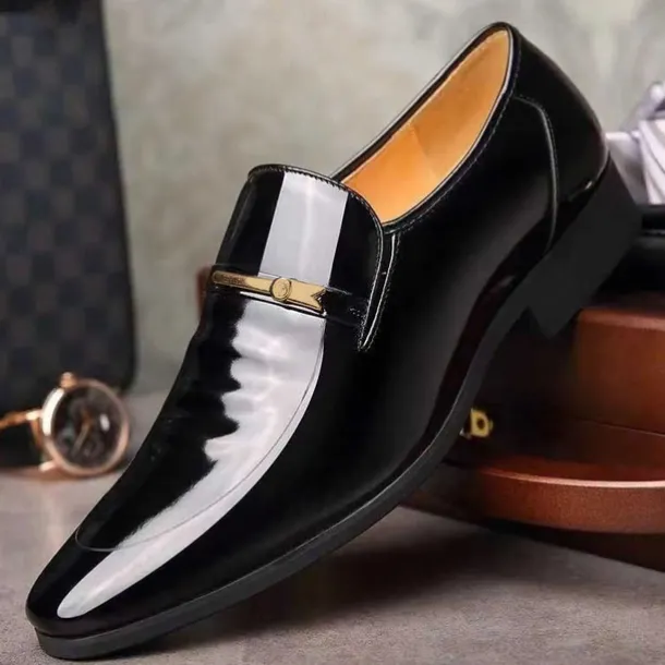 Men's Burgundy Patent Faux Leather Loafers – Elegant Slip-On Dress Shoes with Metal Accent for Formal Events and Office Wear