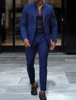 Men's Business Casual Suits Notch Lapel Royal Blue Fashion Daily Solid Colored Standard Fit 2 Piece Single Breasted Two-buttons