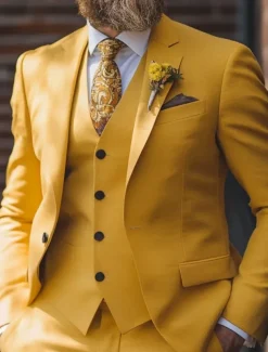 Men's Business Casual Suits Notch Lapel Yellow Formal Solid Colored Standard Fit 3 Piece Single Breasted One-button