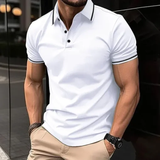Men's Business Polo Golf Shirt Business Casual Ribbed Polo Collar Short Sleeve Solid Color Buttons Summer Spring & Fall Light Pink Dark Pink Black White Light Green Dark navy Business Polo