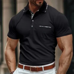 Men's Business Polo Golf Shirt Work Business Lapel Classic Short Sleeve Basic Modern Color Block Patchwork Button Spring & Summer Regular Fit Light Blue Black Light Grey Green Khaki Dark Blue