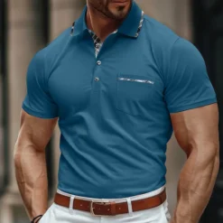 Men's Business Polo Golf Shirt Work Business Lapel Classic Short Sleeve Basic Modern Color Block Patchwork Button Spring & Summer Regular Fit Light Blue Black Light Grey Green Khaki Dark Blue