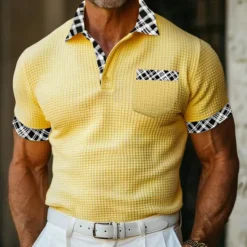 Men's Business Polo Golf Shirt Work Casual Lapel Classic Short Sleeve Basic Modern Color Block Patchwork Button Spring & Summer Regular Fit Light Yellow milk white khaki Gray Business Polo