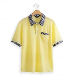 Men's Business Polo Golf Shirt Work Casual Lapel Classic Short Sleeve Basic Modern Color Block Patchwork Button Spring & Summer Regular Fit Light Yellow milk white khaki Gray Business Polo