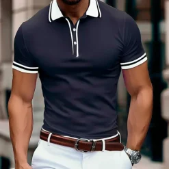 Men's Business Polo Pique Polo Shirt Business Casual Ribbed Polo Collar Classic Short Sleeve Color Block Patchwork Embroidered Summer Spring & Fall Dark Grey Black Burgundy Navy Blue Royal Blue