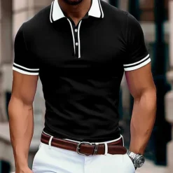 Men's Business Polo Pique Polo Shirt Business Casual Ribbed Polo Collar Classic Short Sleeve Color Block Patchwork Embroidered Summer Spring & Fall Dark Grey Black Burgundy Navy Blue Royal Blue