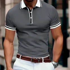 Men's Business Polo Pique Polo Shirt Business Casual Ribbed Polo Collar Classic Short Sleeve Color Block Patchwork Embroidered Summer Spring & Fall Dark Grey Black Burgundy Navy Blue Royal Blue