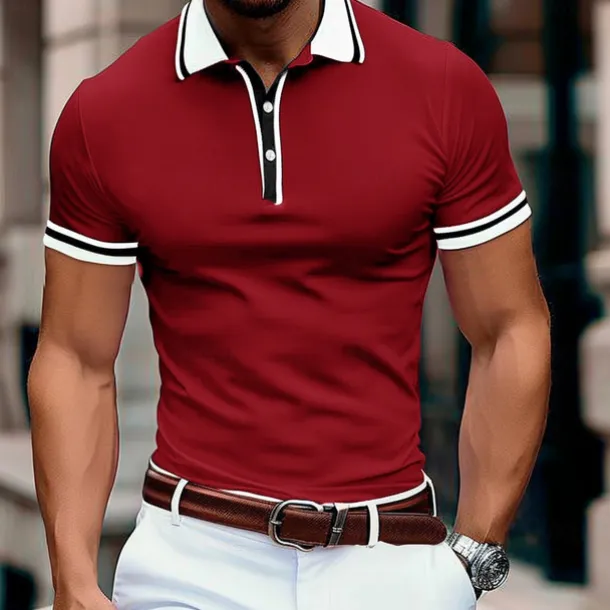 Men's Business Polo Pique Polo Shirt Business Casual Ribbed Polo Collar Classic Short Sleeve Color Block Patchwork Embroidered Summer Spring & Fall Dark Grey Black Burgundy Navy Blue Royal Blue