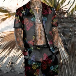 Men's Butterfly Leaves 2pcs Shirts Sets Summer Hawaiian Shirt Short Sleeve Short Pants Cuban Collar Tropical Fashion Hawaiian Casual Holiday Beach Print Summer Spring Black Black / Green Light Green