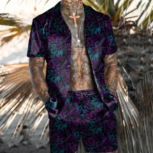 Men's Butterfly Leaves 2pcs Shirts Sets Summer Hawaiian Shirt Short Sleeve Short Pants Cuban Collar Tropical Fashion Hawaiian Casual Holiday Beach Print Summer Spring Black Black / Green Light Green