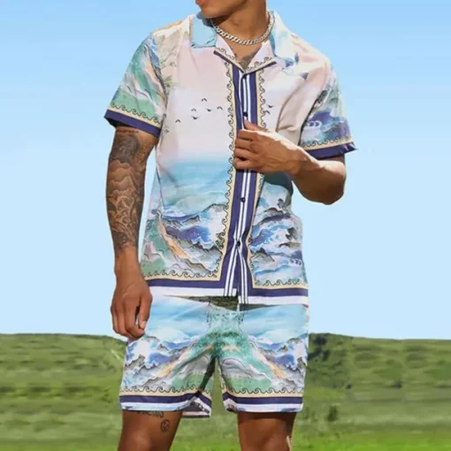 Men's Butterfly Leaves 2pcs Shirts Sets Summer Hawaiian Shirt Short Sleeve Short Pants Cuban Collar Tropical Fashion Hawaiian Casual Holiday Beach Print Summer Spring Black Black / Green Light Green