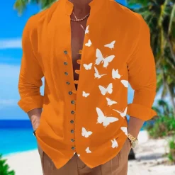 Men's Butterfly Shirt Summer Hawaiian Shirt Aloha Shirt Long Sleeve Shirt Stand Collar Fashion Designer Casual Outdoor Vacation Street Black White+Black White S M L