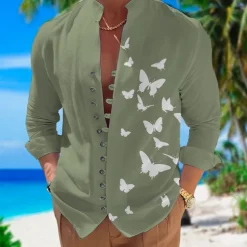 Men's Butterfly Shirt Summer Hawaiian Shirt Aloha Shirt Long Sleeve Shirt Stand Collar Fashion Designer Casual Outdoor Vacation Street Black White+Black White S M L