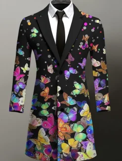 Men's Butterfly Winter Coat Overcoat Coat Warm Breathable Comfortable Business Artistic Work Wear to work Going out Pocket Print Fall & Winter Turndown Long Sleeve Blue Purple