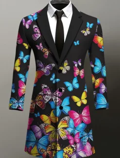 Men's Butterfly Winter Coat Overcoat Coat Warm Breathable Comfortable Business Artistic Work Wear to work Going out Pocket Print Fall & Winter Turndown Long Sleeve Blue Purple