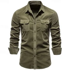 Men's Button Down Shirt Casual Shirt Corduroy Shirt Navy Blue Blue Green khaki Gray Long Sleeve Solid Color Turndown Shirt Collar Outdoor Daily Clothing Apparel Warm Daily