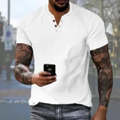 Men's Button T Shirt Henley Shirt Tee Short Sleeve Shirt Short Sleeve Henley Summer Solid / Plain Color Fashion Designer Fashion Vacation Street Going out Navy Black White Top Tee for Men