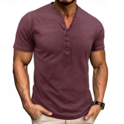Men's Button T Shirt Henley Shirt Tee Tee Top Short Sleeve Henley Summer Classic Solid / Plain Color Fashion Designer Buckle Vacation Street Going out Blue Wine Dark Gray Top Tee for Men